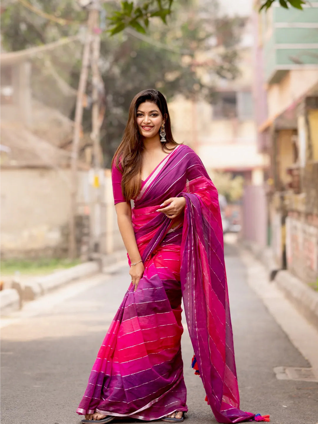 Aparna Rani & Purple With Zari Border Mul Cotton Saree For Women
