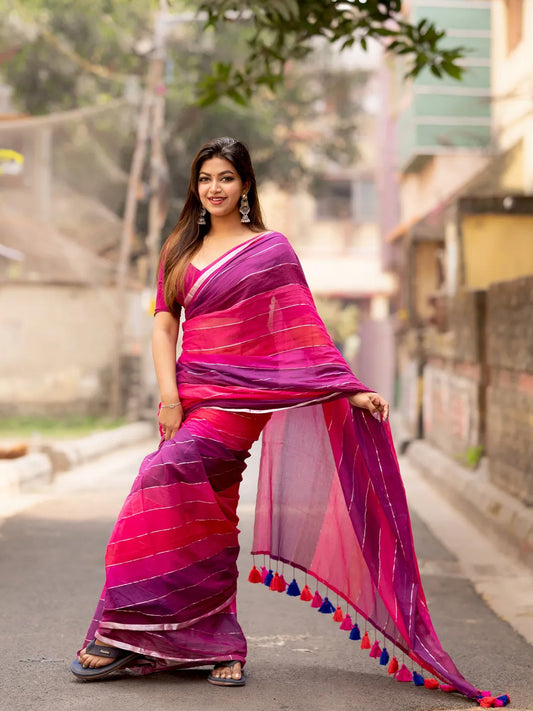 Aparna Rani & Purple With Zari Border Mul Cotton Saree For Women