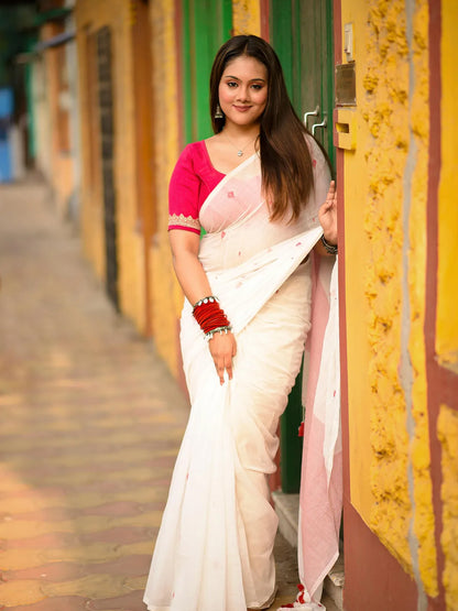 Aparna Handloom White Premium Cotton Saree With Red Print For Women