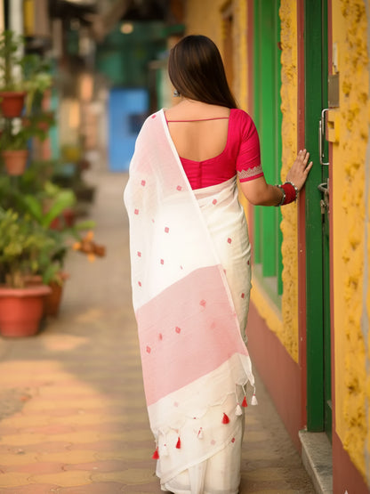 Aparna Handloom White Premium Cotton Saree With Red Print For Women