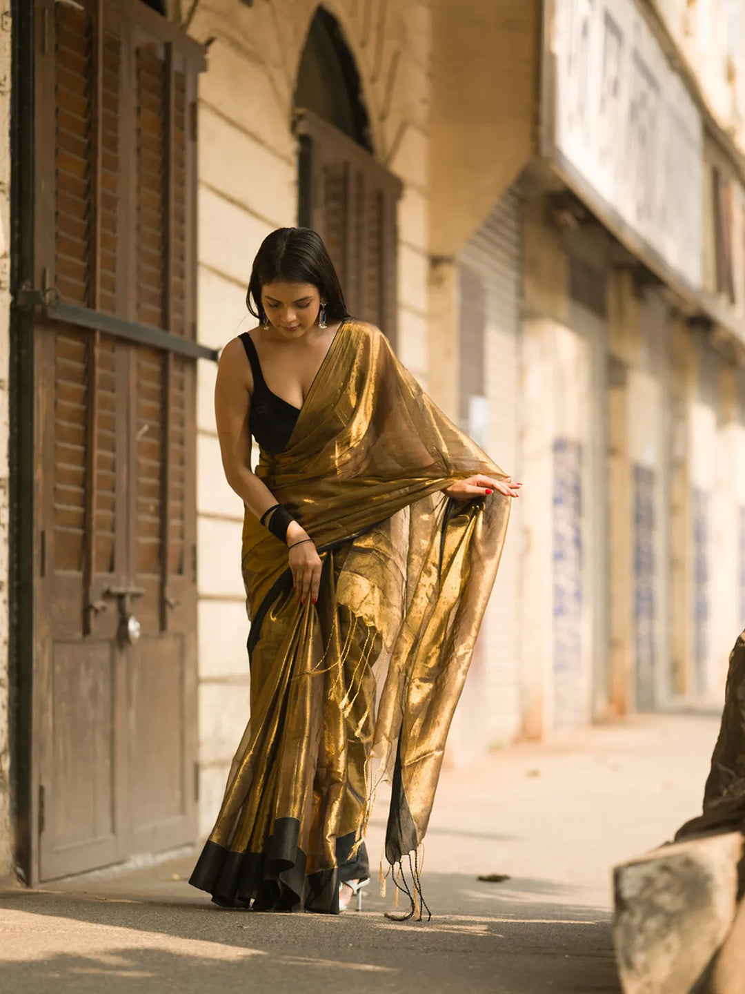 Aparna Copper Golden Black Border Raga Tissue Saree For Women