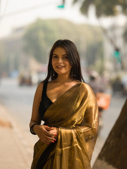 Aparna Copper Golden Black Border Raga Tissue Saree For Women