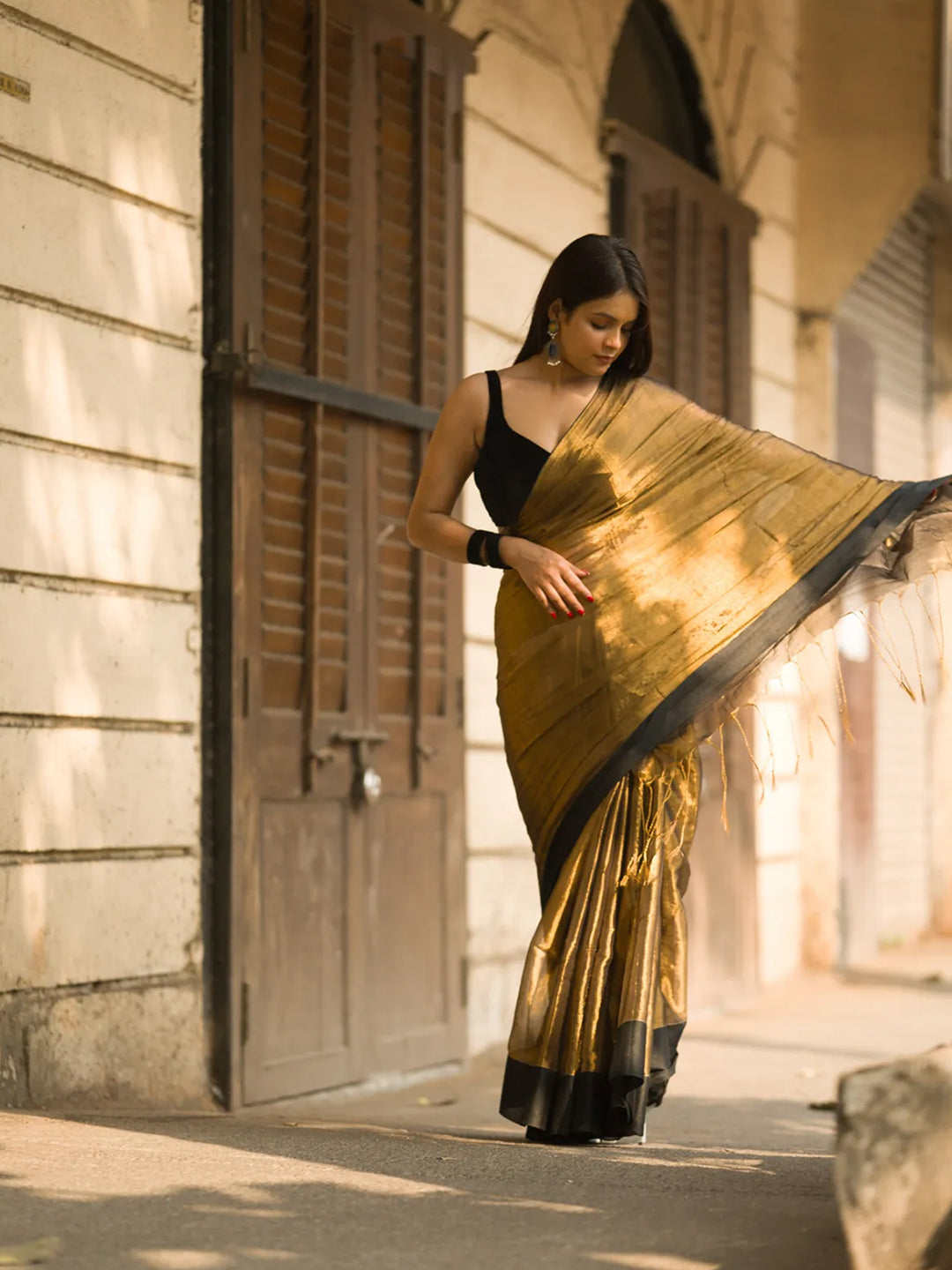 Aparna Copper Golden Black Border Raga Tissue Saree For Women