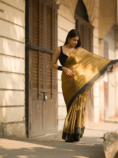 Aparna Copper Golden Black Border Raga Tissue Saree For Women