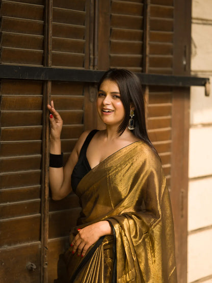 Aparna Copper Golden Black Border Raga Tissue Saree For Women
