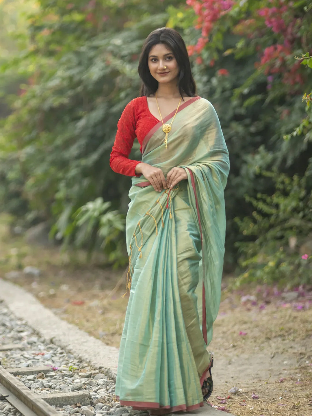Aparna Mint Green Raga Tissue Dual Tone Saree With Unstiched Blouse Piece For Women