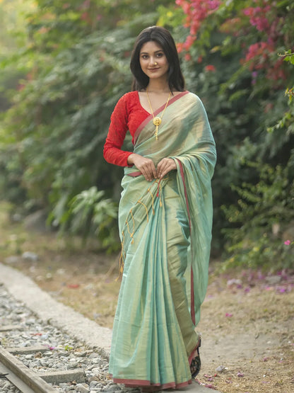 Aparna Mint Green Raga Tissue Dual Tone Saree With Unstiched Blouse Piece For Women