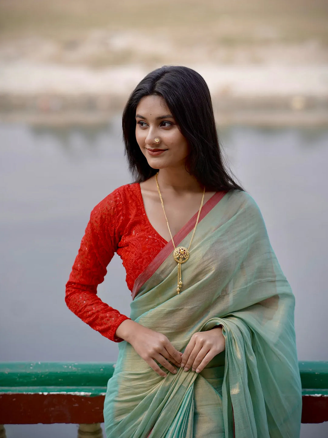 Aparna Mint Green Raga Tissue Dual Tone Saree With Unstiched Blouse Piece For Women