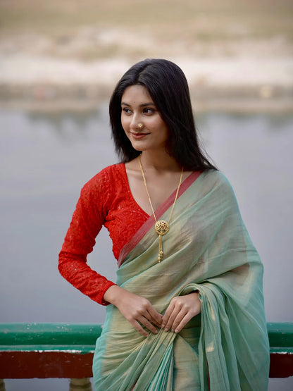 Aparna Mint Green Raga Tissue Dual Tone Saree With Unstiched Blouse Piece For Women