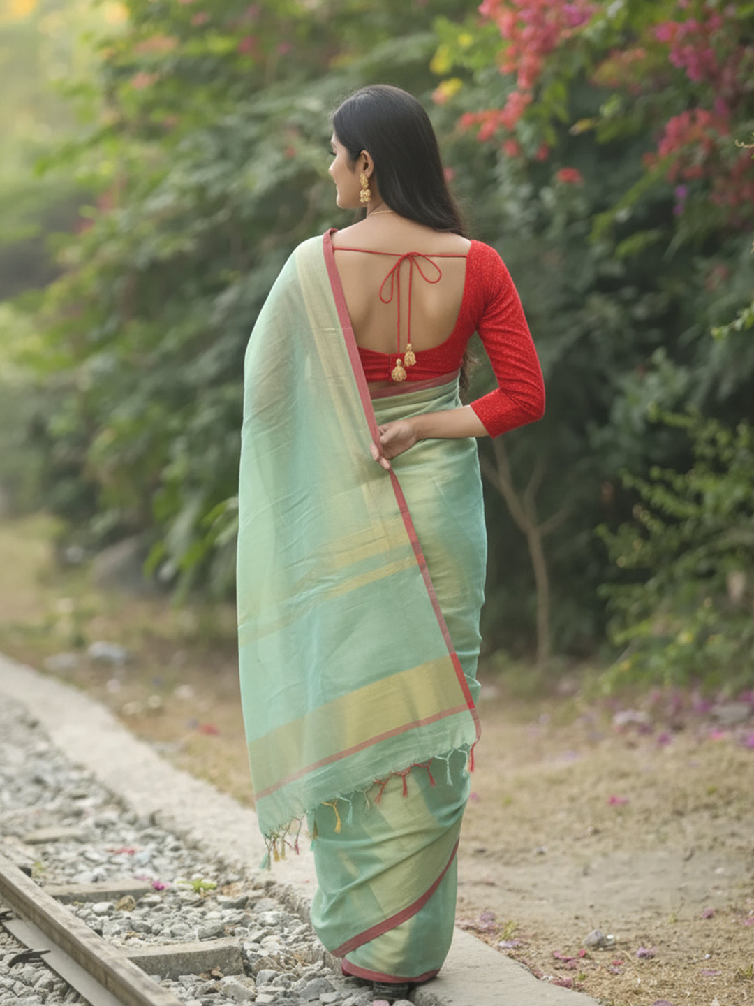 Aparna Mint Green Raga Tissue Dual Tone Saree With Unstiched Blouse Piece For Women
