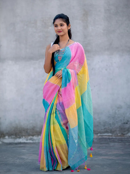 Aparna Handloom Multi Colour Linen Saree For Women