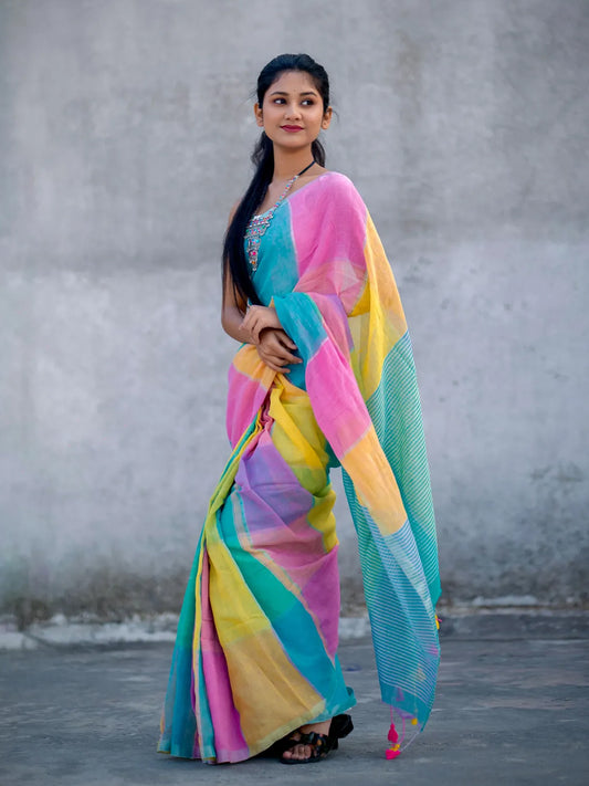 Aparna Handloom Multi Colour Linen Saree For Women