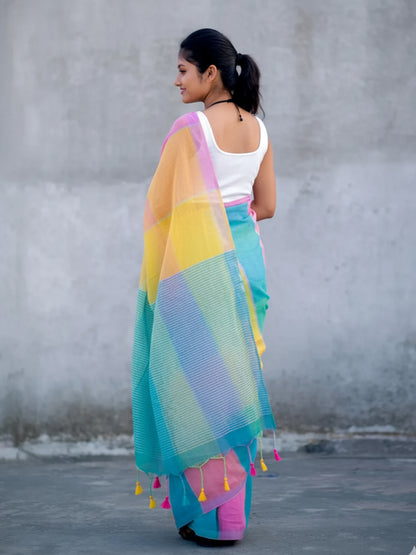 Aparna Handloom Multi Colour Linen Saree For Women