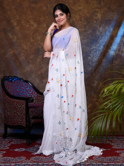 Aparna White Cotton Solid Embroidery Saree With Unstitched Blouse Piece For Women