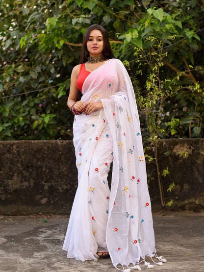 Aparna White Cotton Solid Embroidery Saree With Unstitched Blouse Piece For Women