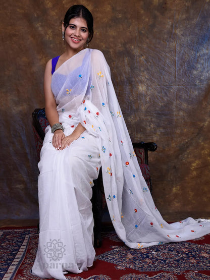 Aparna White Cotton Solid Embroidery Saree With Unstitched Blouse Piece For Women