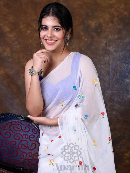 Aparna White Cotton Solid Embroidery Saree With Unstitched Blouse Piece For Women