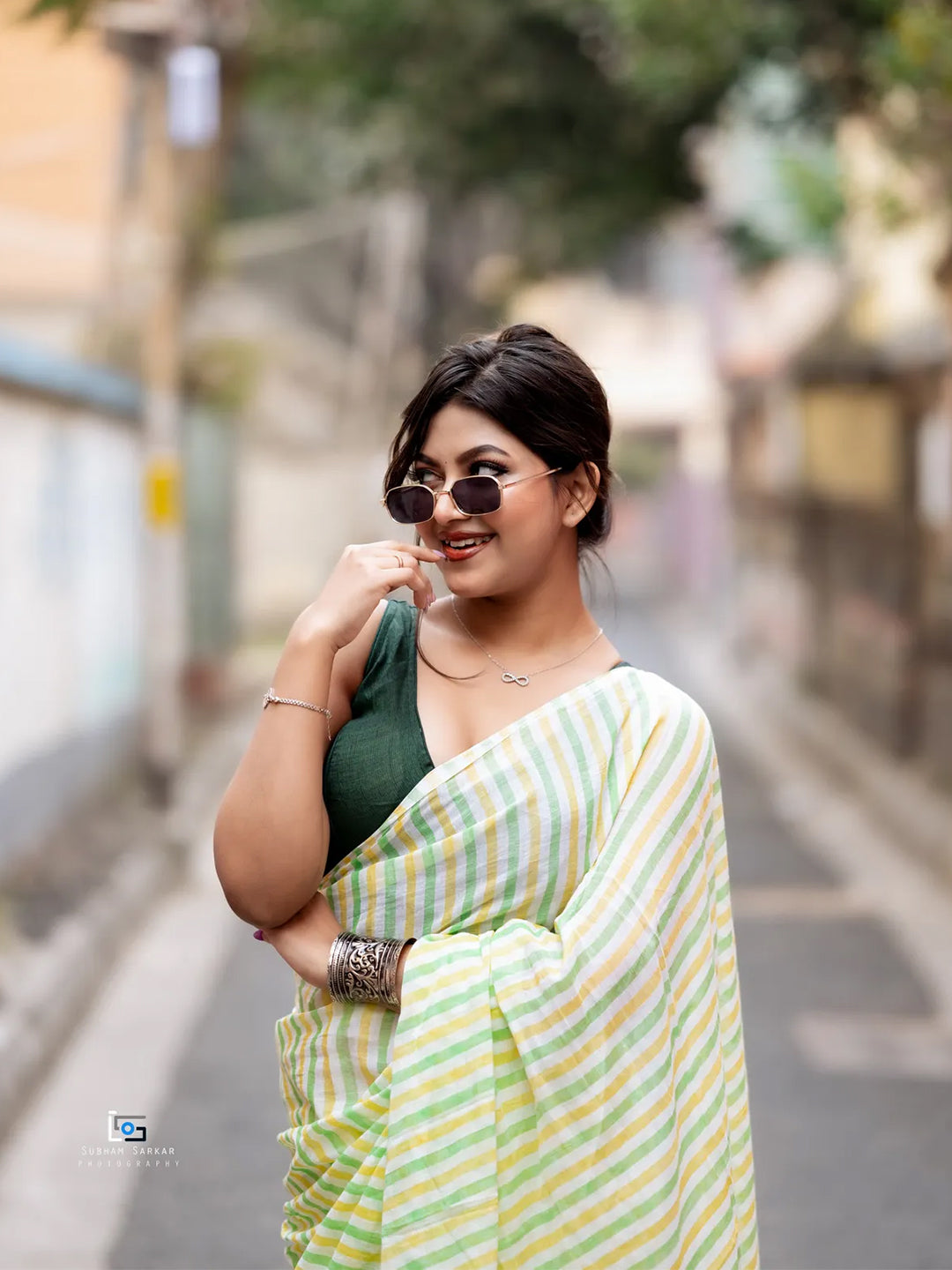 Lime Green Leheria Striped Premium Cotton Saree For Women
