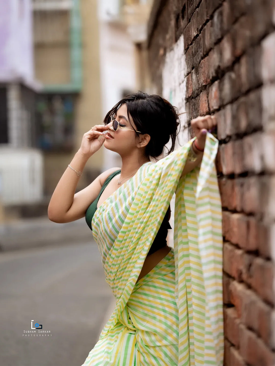 Lime Green Leheria Striped Premium Cotton Saree For Women