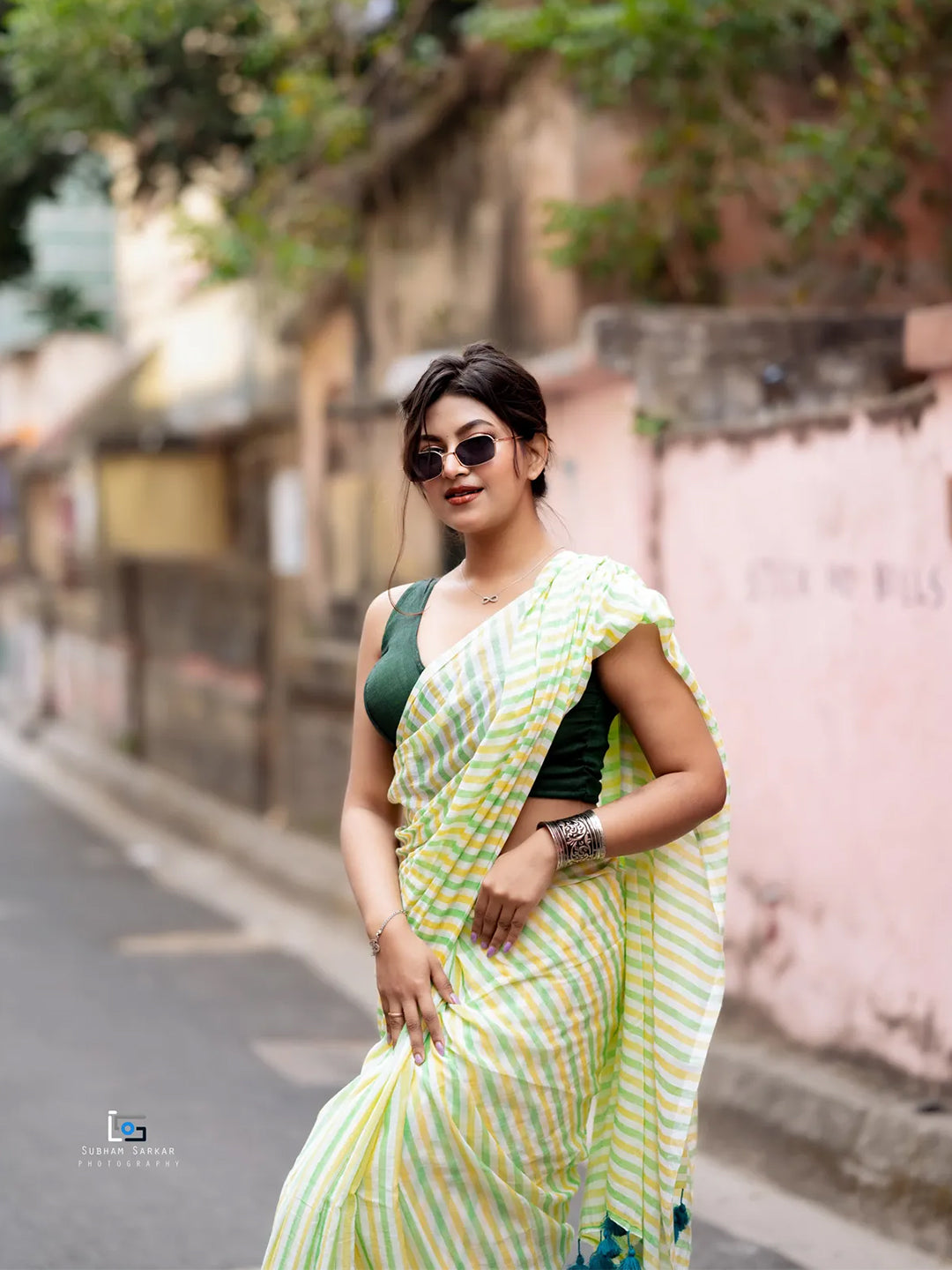Lime Green Leheria Striped Premium Cotton Saree For Women