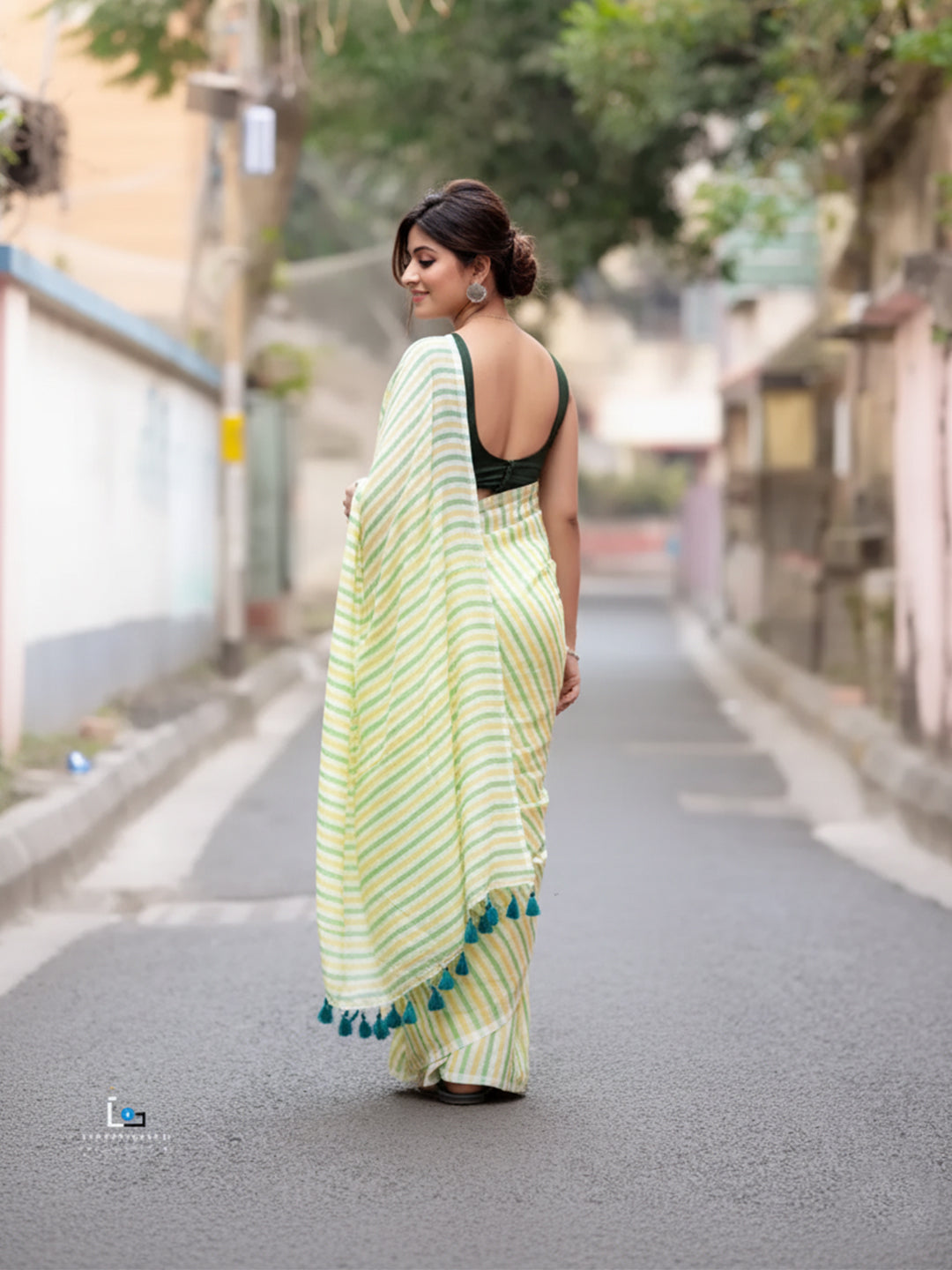 Lime Green Leheria Striped Premium Cotton Saree For Women