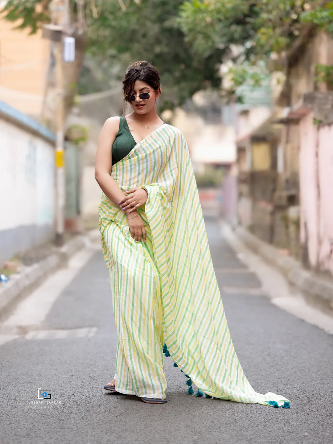 Lime Green Leheria Striped Premium Cotton Saree For Women