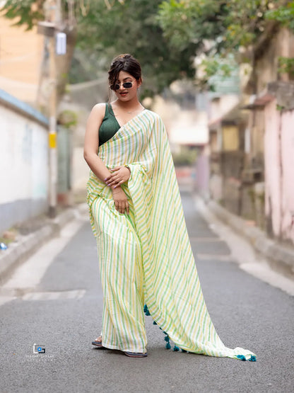 Lime Green Leheria Striped Premium Cotton Saree For Women