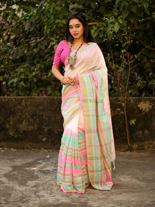 Aparna White & Pink Cotton Saree With Unstitched Blouse Piece For Women