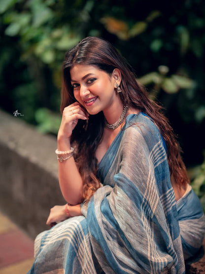 Aparna Blue & White Premium Linen Saree For Women