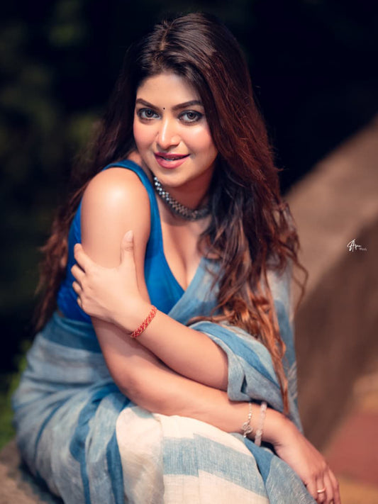 Aparna Blue & White Premium Linen Saree For Women