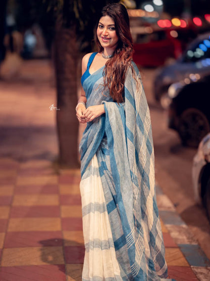 Aparna Blue & White Premium Linen Saree For Women