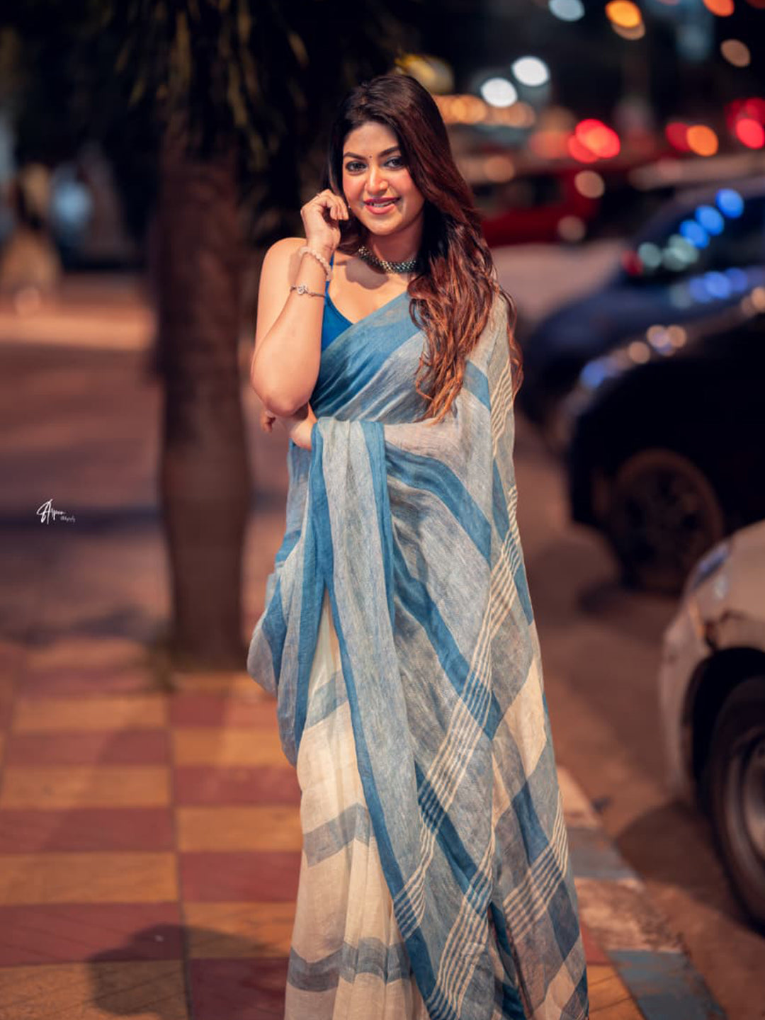 Aparna Blue & White Premium Linen Saree For Women