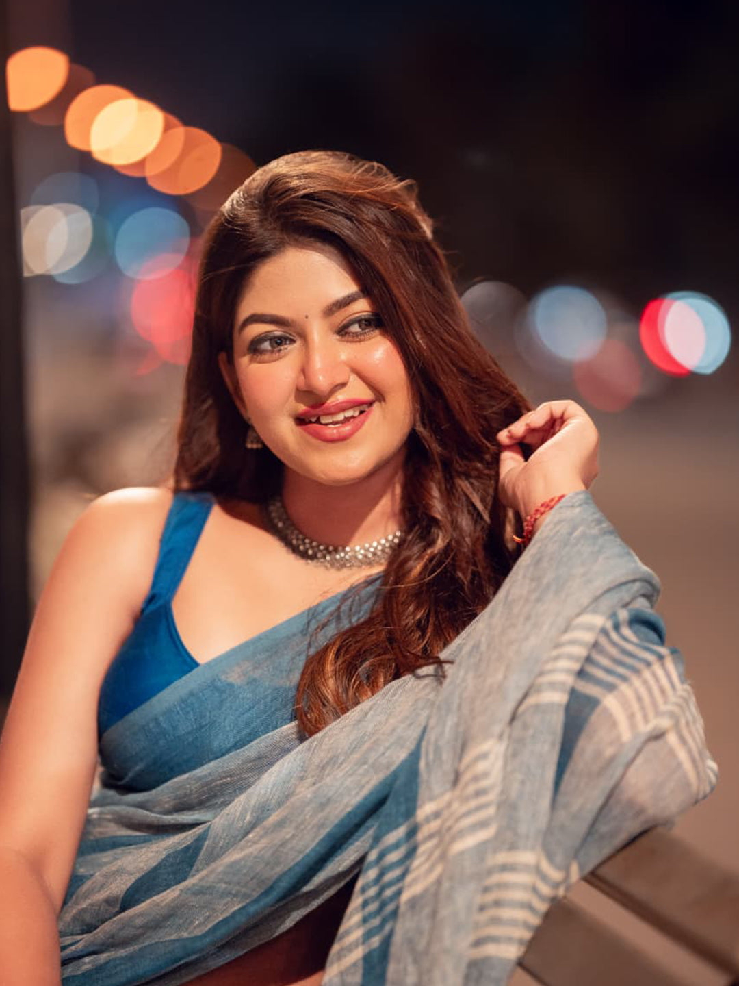 Aparna Blue & White Premium Linen Saree For Women