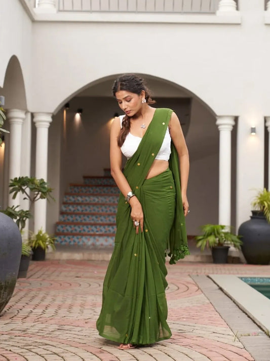 Dark Green Premium MulCotton Gini Saree For Women
