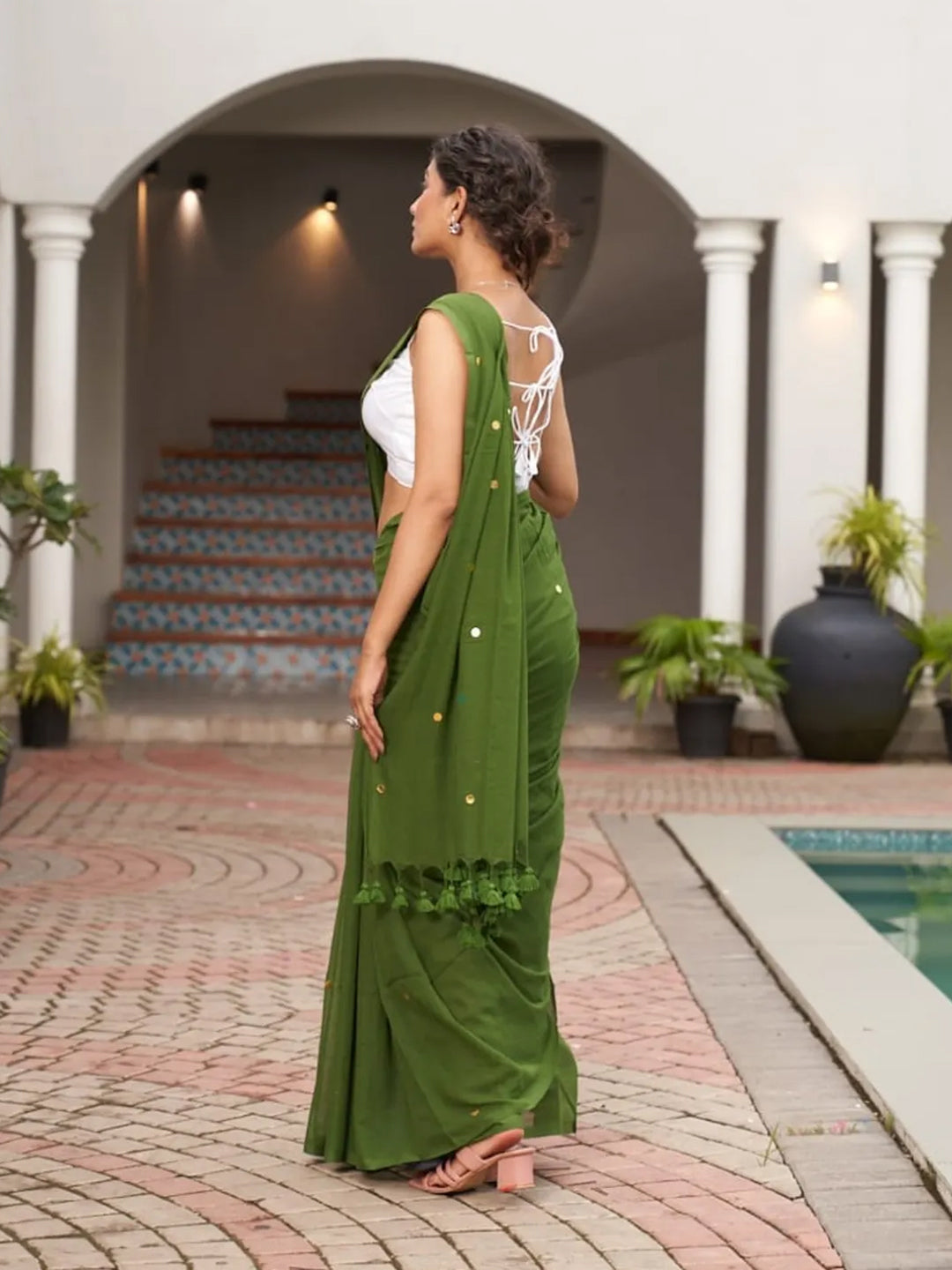 Dark Green Premium MulCotton Gini Saree For Women