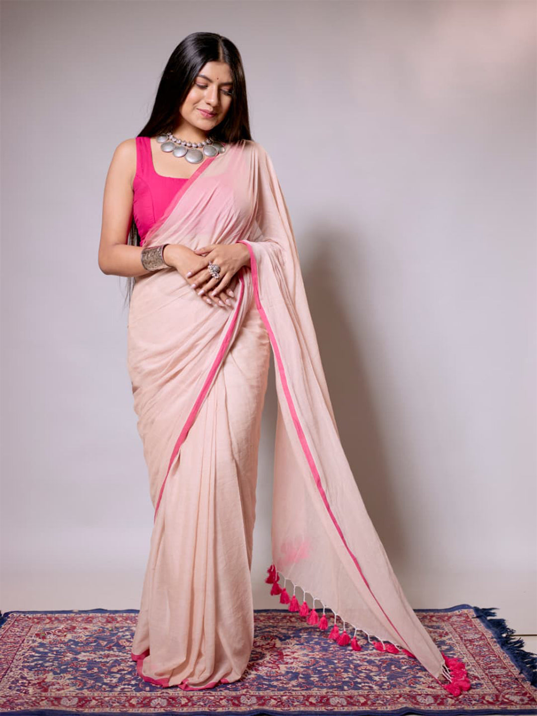Aparna Beige & Red Premium Cotton Saree For Women