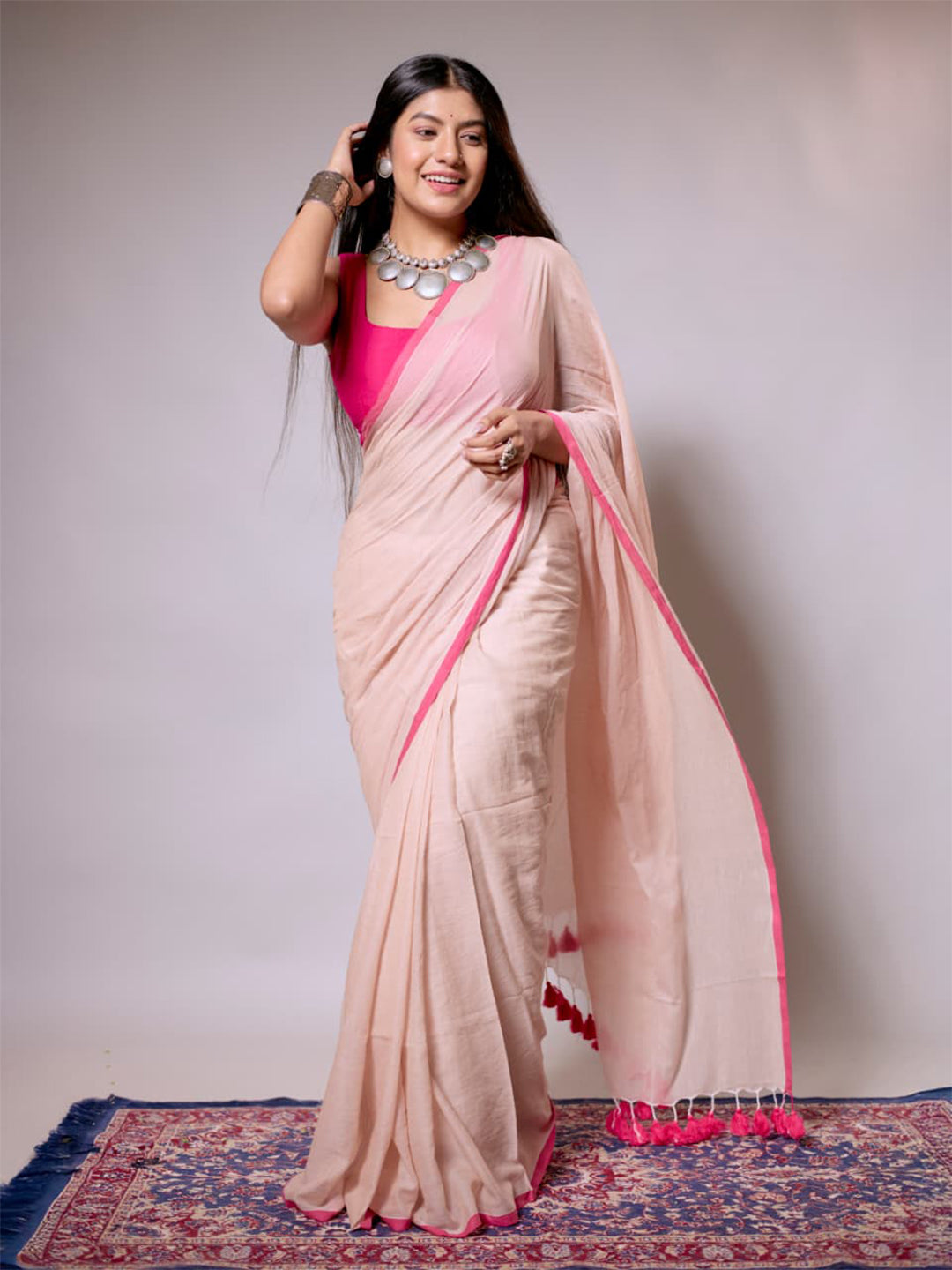 Aparna Beige & Red Premium Cotton Saree For Women