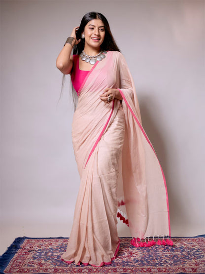 Aparna Beige & Red Premium Cotton Saree For Women