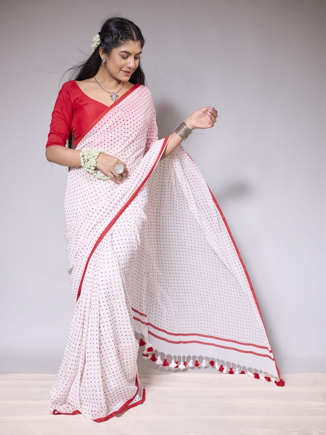 Aparna Red And White With Red Dots Cotton Saree For Women
