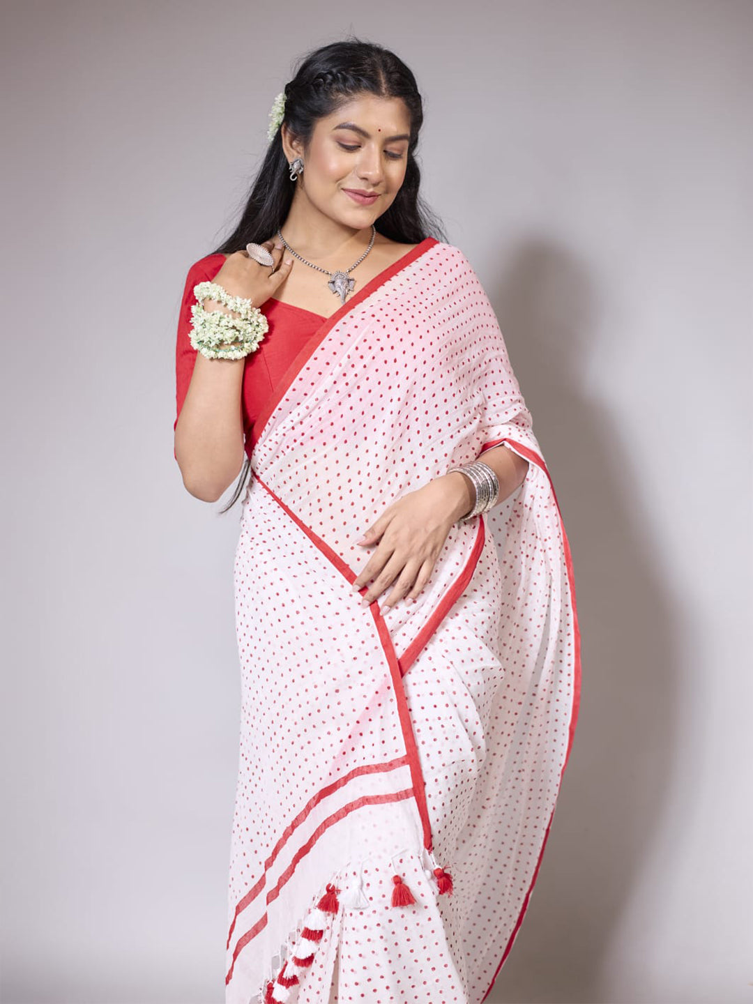 Aparna Red And White With Red Dots Cotton Saree For Women