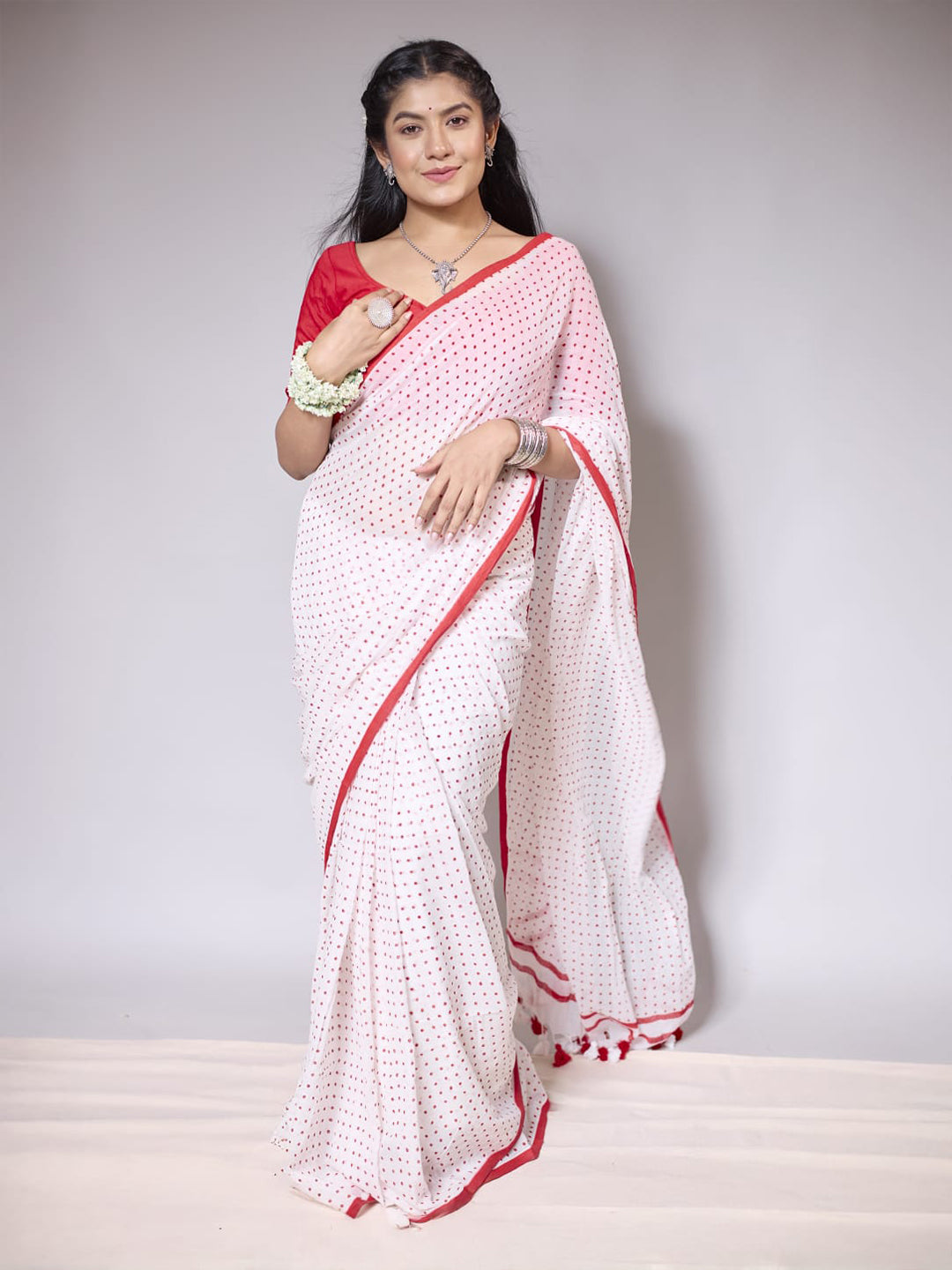 Aparna Red And White With Red Dots Cotton Saree For Women