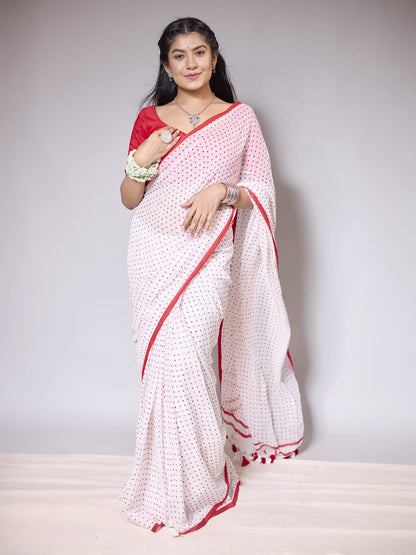 Aparna Red And White With Red Dots Cotton Saree For Women