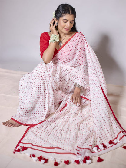 Aparna Red And White With Red Dots Cotton Saree For Women