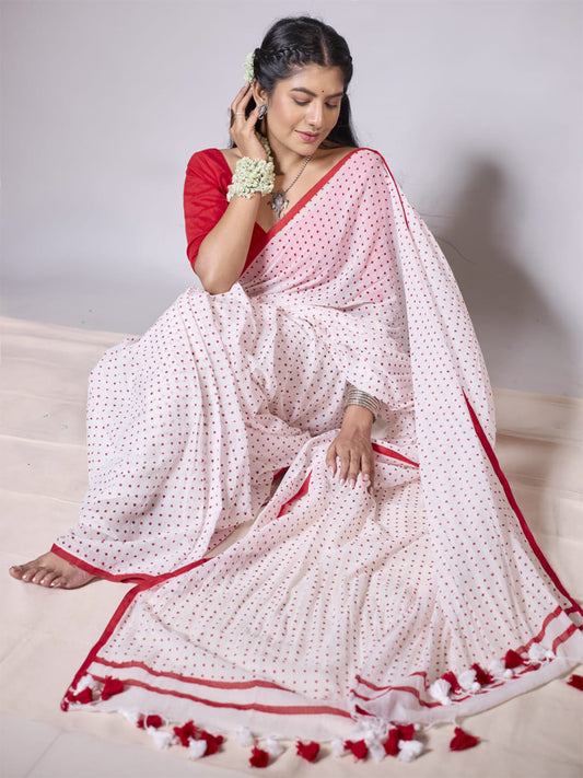 Aparna Red And White With Red Dots Cotton Saree For Women