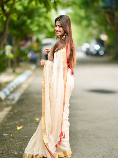 Aparna Off White Saree With Golden Boder Cotton Saree For Women
