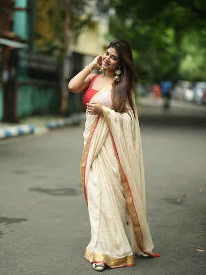 Aparna Off White Saree With Golden Boder Cotton Saree For Women