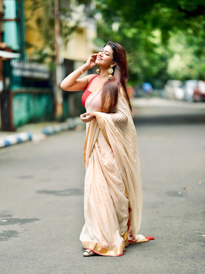 Aparna Off White Saree With Golden Boder Cotton Saree For Women