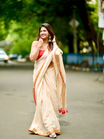 Aparna Off White Saree With Golden Boder Cotton Saree For Women