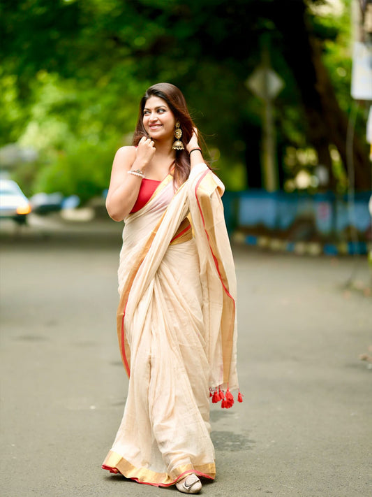 Aparna Off White Saree With Golden Boder Cotton Saree For Women