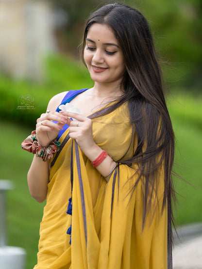 Aparna Yellow Premium MulCotton Saree With Grey Boder For Women